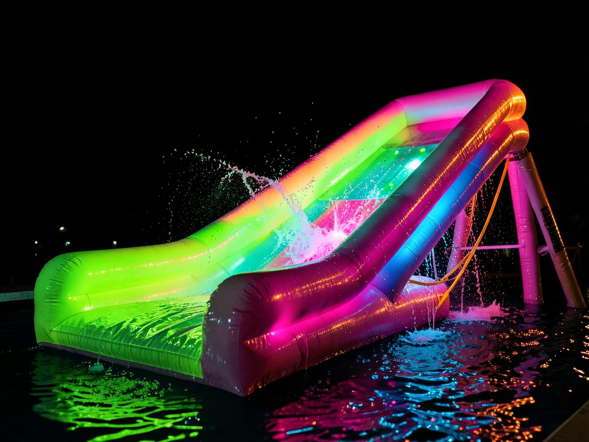 Neon glow-in-the-dark inflatable waterslide at night