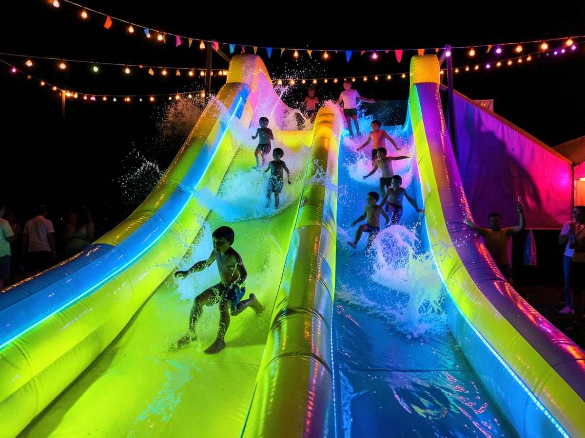 Kids sliding down a glowing double-lane waterslide at a neon birthday party