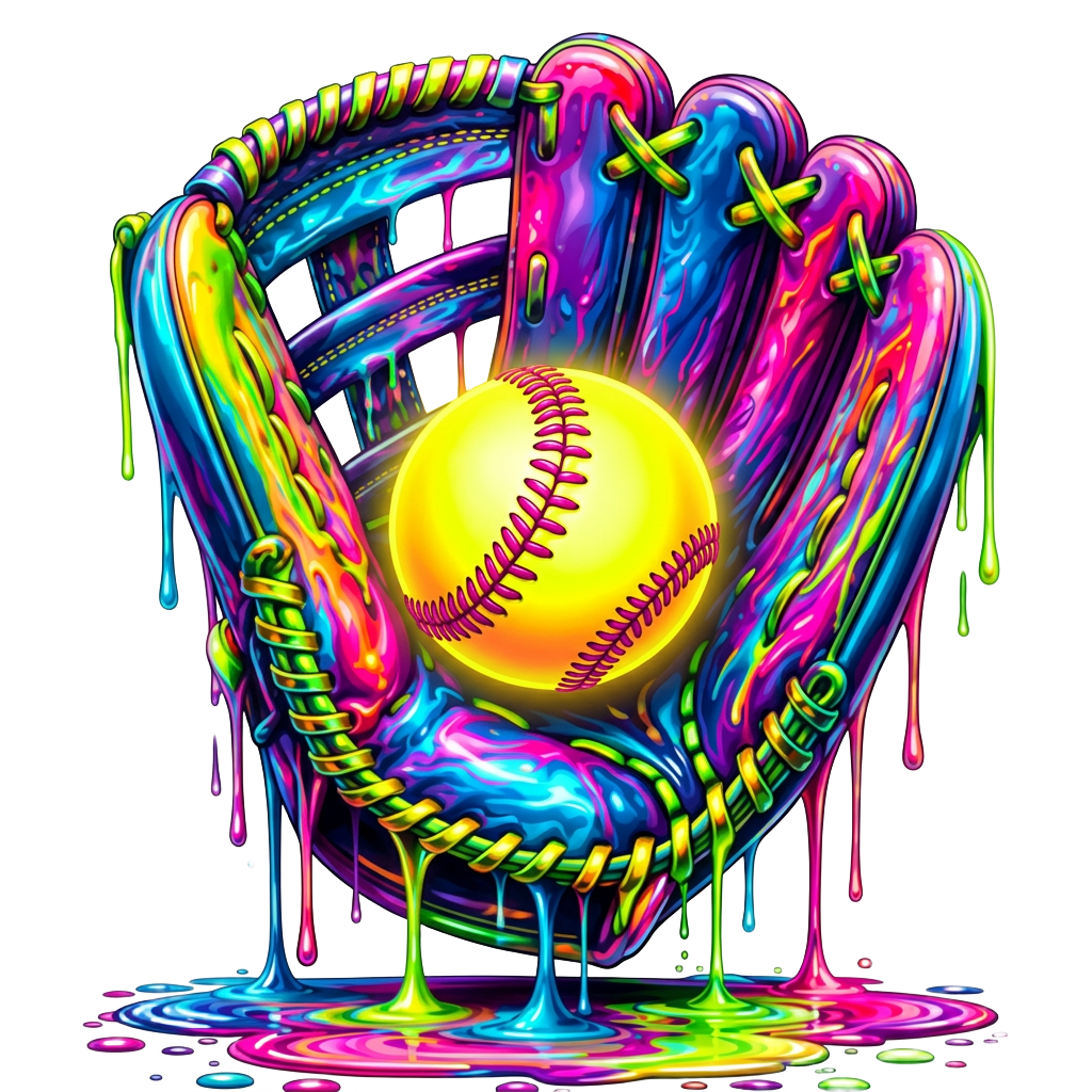 Glow-in-the-dark neon baseball glove catching a glowing neon yellow ball