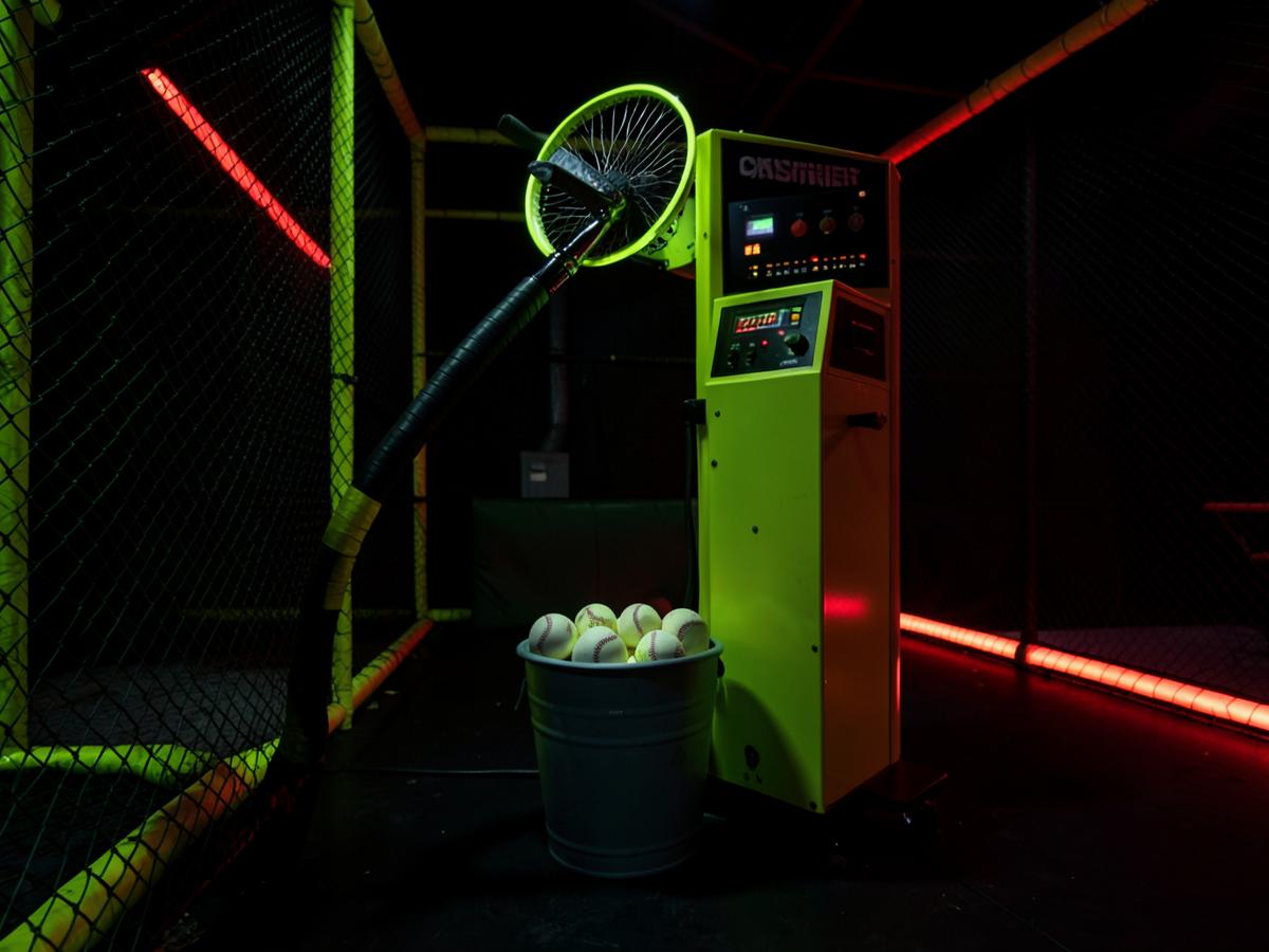 Pitching machine inside a neon lit batting cage
